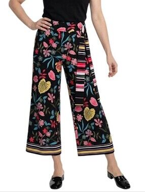New York & Company Black And Bright Floral Tie Waist Wide Leg Pants Size M NWOT